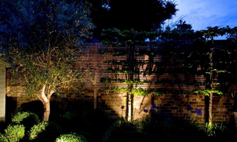 LED-Gartenbeleuchtung-Gartenmauer-Bäume