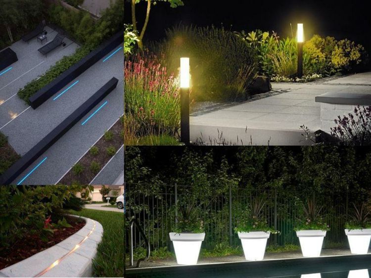 Streifen-und-Blumentöpfe-LED-Beleuchtung-im-Garten