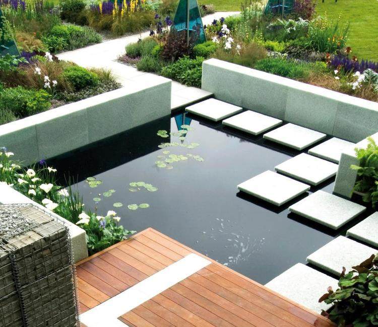 Teichpflanzen-Garten-modern-Beton-Seerosen-Ideen