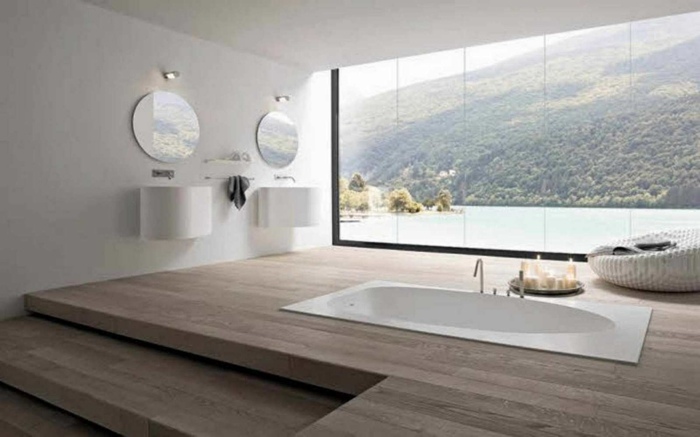 badezimmer design eingelassene badewanne holzfußboden waschbecken fenster