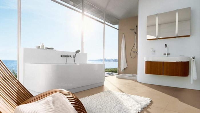 design idee luxus badewanne badvorleger konsole holz