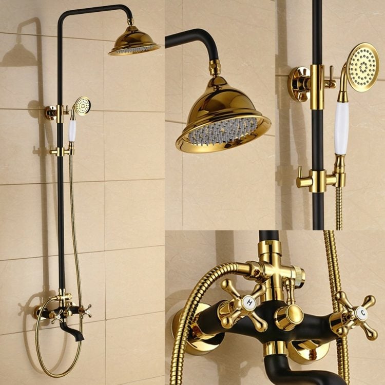 dusche farben gold schwarz retro design armaturen wasserhahn duschkopf
