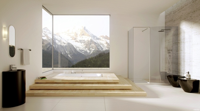 dusche glas badewanne stufen gebirge ausblick modernes design idee