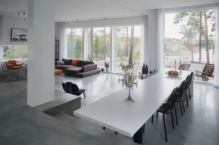 esstisch design idee gross weiss beton fussboden haus schweden