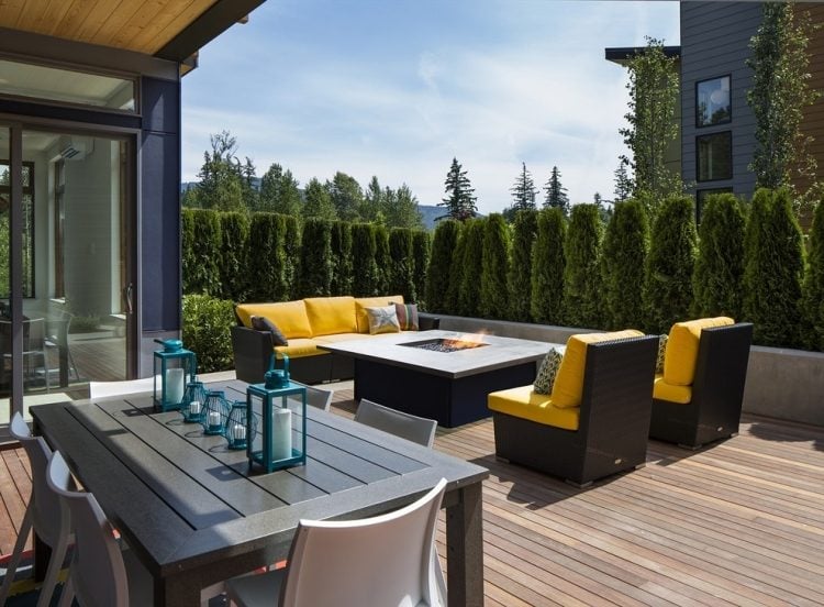 feuerstelle terrasse modern sichtschutz thuja baume