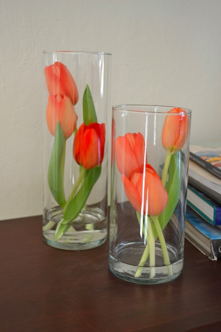 fruehlingsdeko-tulpen-hohe-glasvasen-arrangiert