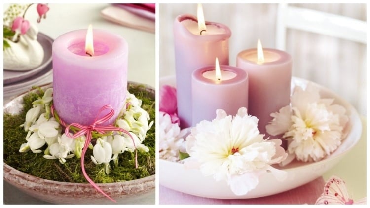 Frühlingsdeko mit Kerzen ideen-fliederfarben-weisse-blumen-schuessel