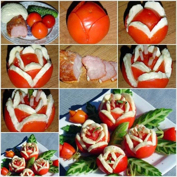 gemuese-schnitzen-anleitung-tomaten-rosen-mozarella-schinken-salat