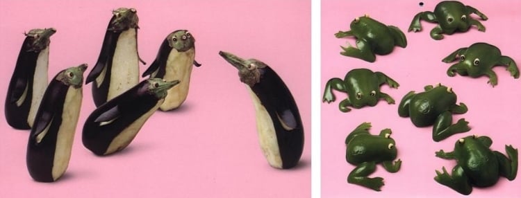 gemuese-schnitzen-figuren-aubergine-penguine-paprikaschoten-frosche