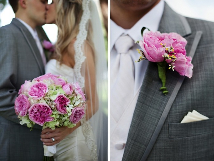 grauer anzug bräutigam pfingstrosen ansteckblume brautstrauß rosa