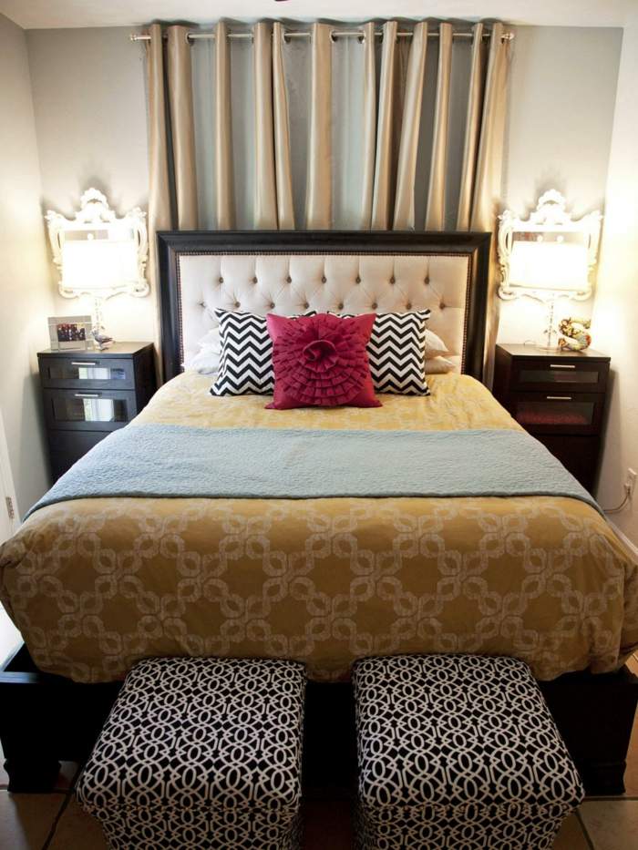 idee schlafzimmer design modern damen tagesdecke gelb nachttisch bett