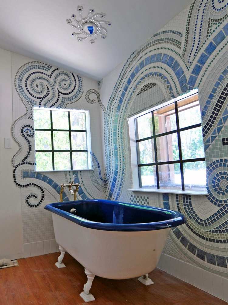 kunstvolles design wand mosaik blau badewanne gruen
