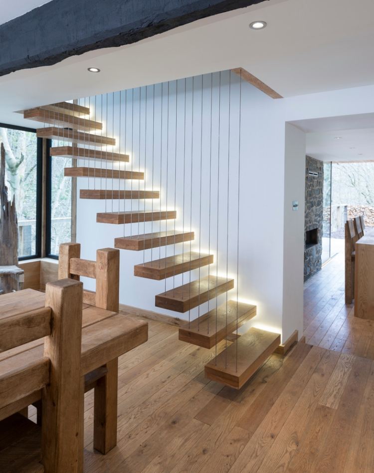 LED Treppenbeleuchtung innen -ideen-indirekt-schwebende-treppen-holz-stufen
