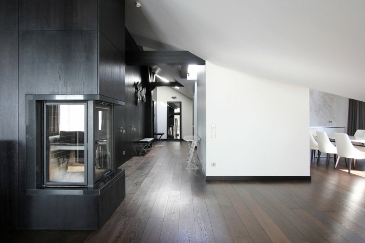 minimalistischer einrichtung stil penthouse design kamin dunkles holz