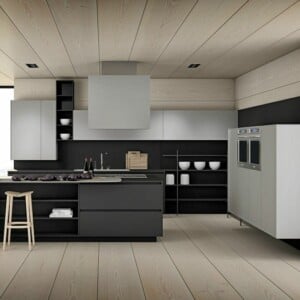 moderne küche schwarz lucrezia weiß kochinsel fussboden holz fliesen