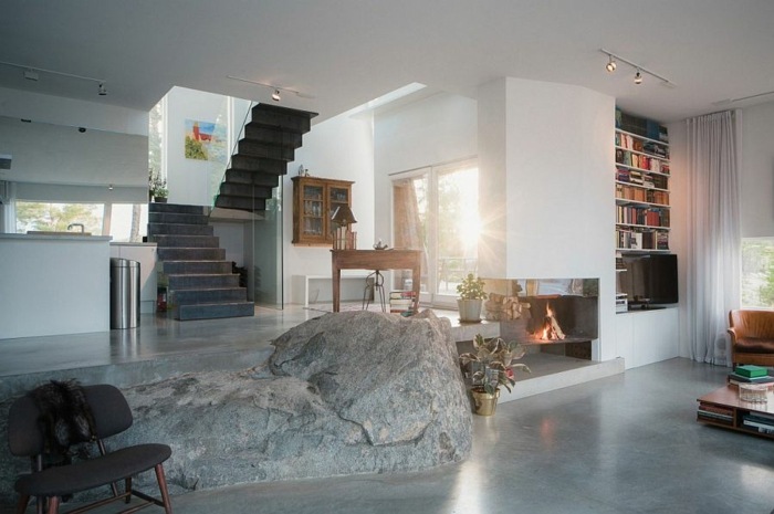 modernes design wohnzimmer kamin komfort stein natur akzent haus
