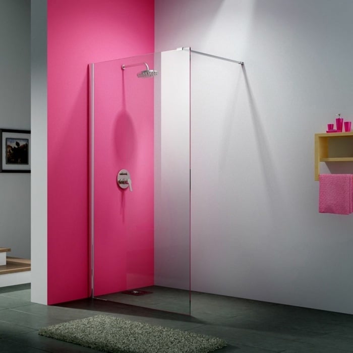 modernes duschen design pinke wand glas grauer fußboden