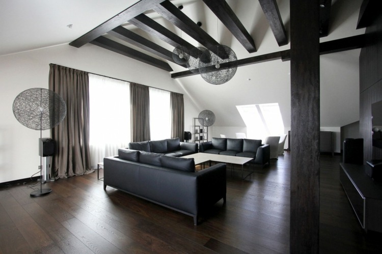 monochromes penthouse design couch schwarzes leder holz fussboden