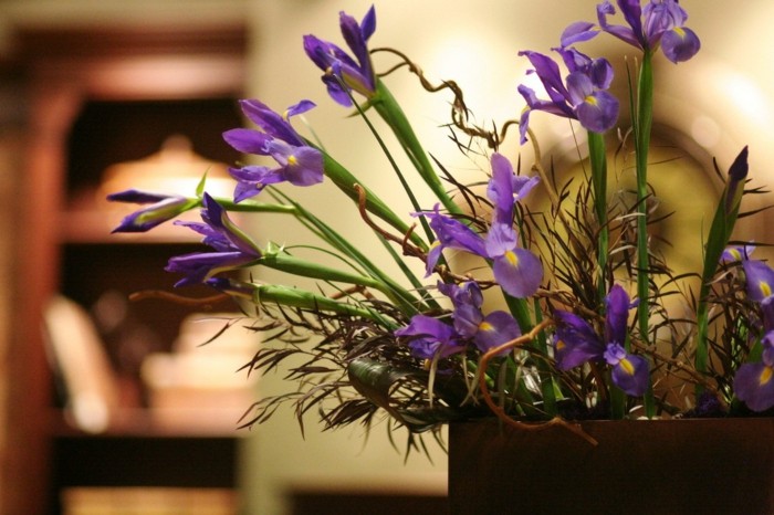 oster tischdeko aus frühlingsblumen iris blau gelb topf vase