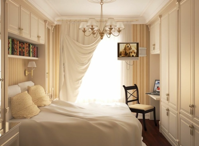 romantik schlafzimmer design weiß klein vorhänge kleiderschrank creme