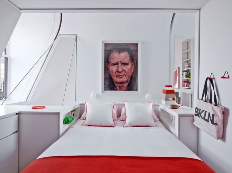 schlafzimmer design klein idee weiss einrichtung einbauschraenke rot akzente