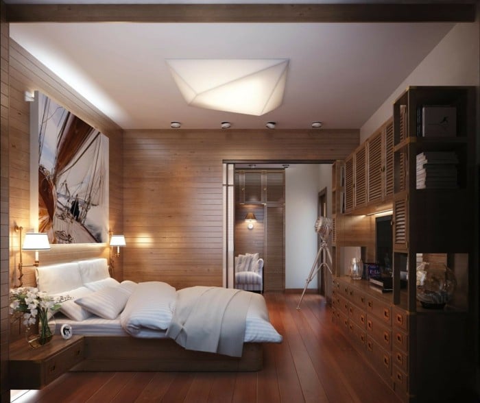 schlafzimmer design klein parkett bett einbauwand moderne lampe
