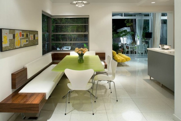 schwebende sitzbank holz moderne einrichtung küche grüner esstisch