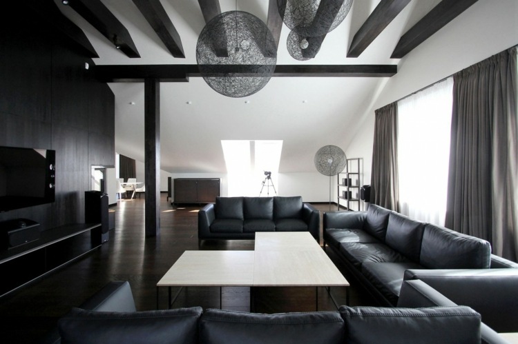 sideboard idee fernseher leder sofa modernes penthouse design
