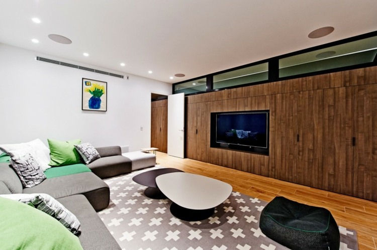 sitzbereich interieur sofa grau fernseher teppich design haus