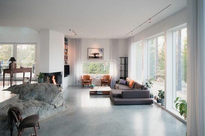 stein wohnzimmer design sofa kamin modern fenstefront