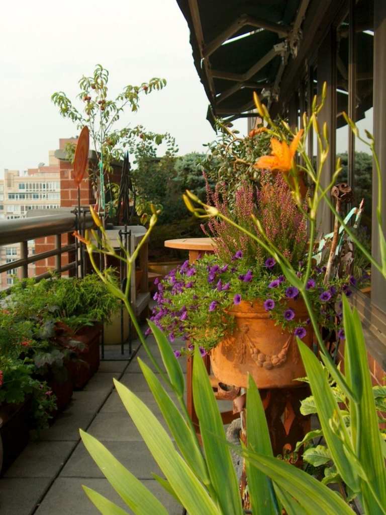 terrasse und balkon idee bepflanzung ueppig gestaltung tontoepfe