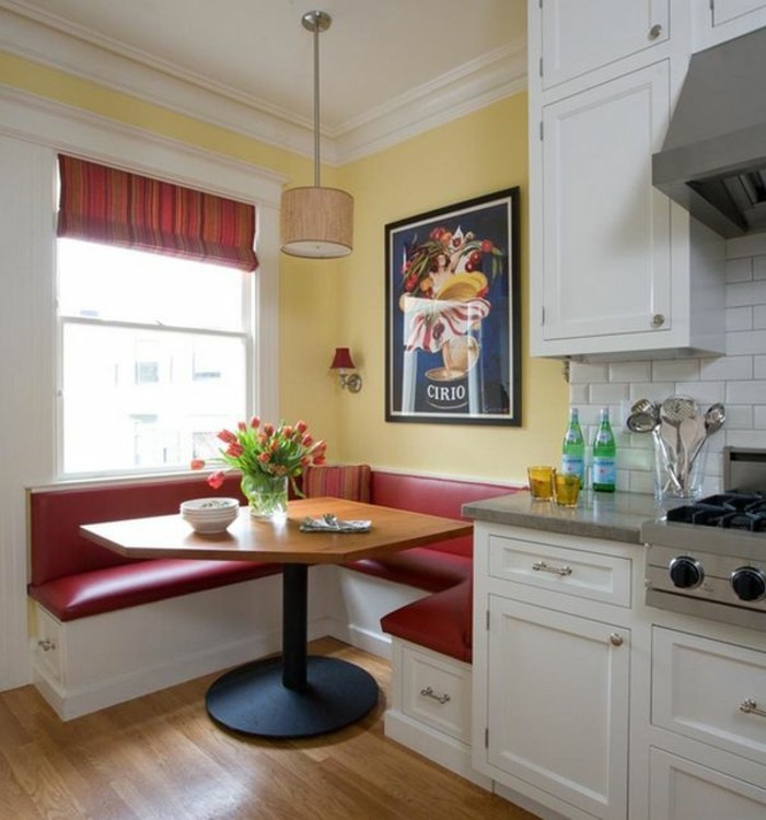 tisch individuell küchen design rote sitzbank weiße schränke
