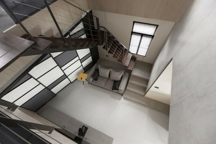 wohnzimmer bereich interieur design treppe schwarz modern sofa
