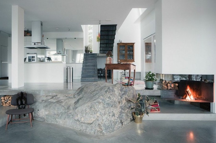 wohnzimmer schwedische haus design stein kueche treppe kamin