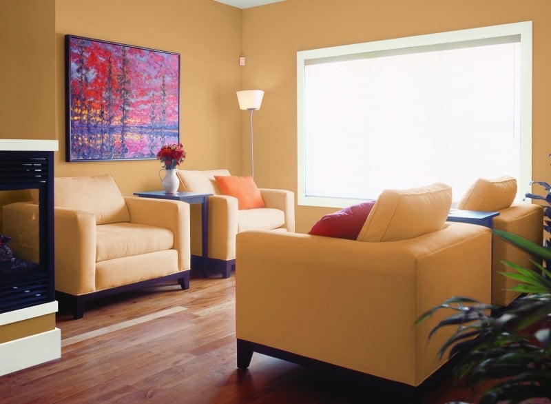 Wandfarben-Wohnzimmer-Orange-Gelb-Mischung