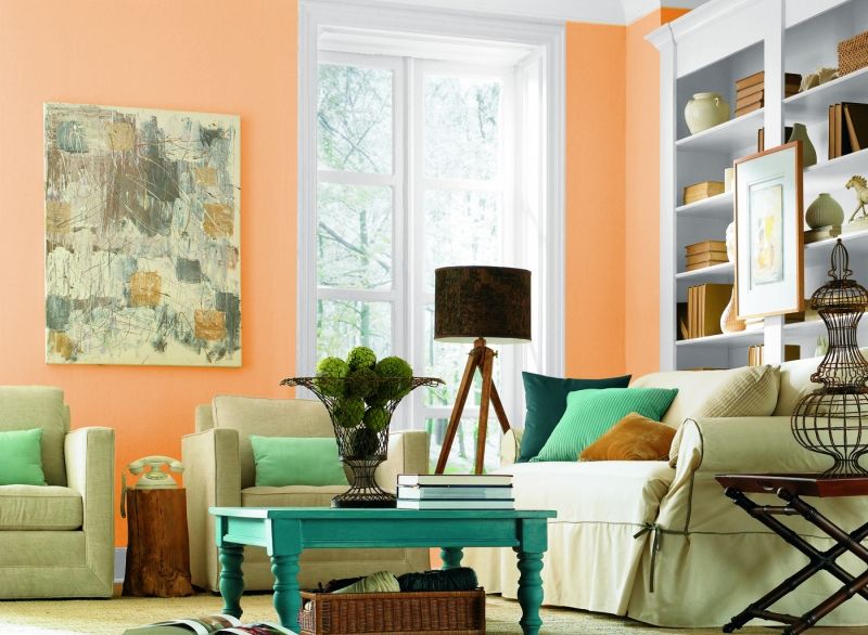 Wandfarben fürs Wohnzimmer-Pfirsichsfarbe-Ideen-blaues-Wandregal