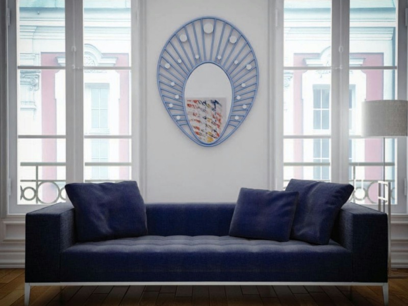 Wohnzimmer einrichten Wandspiegel-Design-blaue-Rahmen-Adonis-Pauli-Home-Jewels