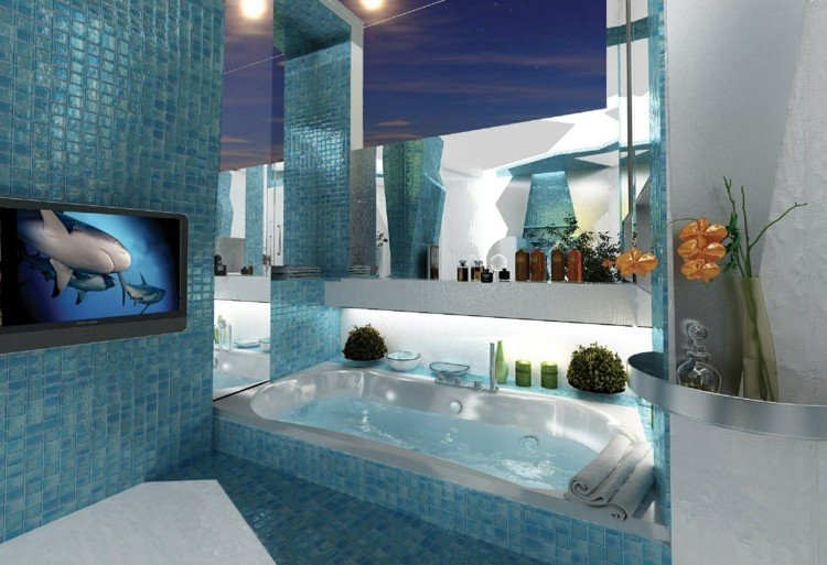 aqua mosaik design badezimmer fliesenfarben badewanne