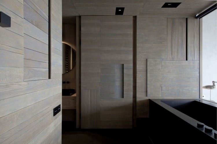 badezimmer japanisch wanne schwarz holz waende modern design