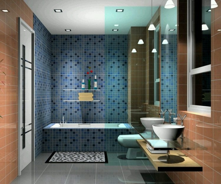 badezimmer kontrast fliesenfarben ideen braun blau mosaik