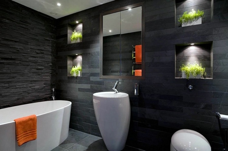 badezimmer schwarz weiss minimalistisch pflanzen fliesenfarben sockelwaschbecken
