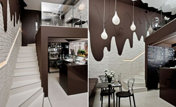 cafe design ideen wand schmelzende schokolade treppe tisch