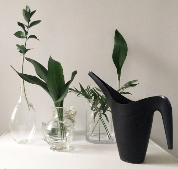 deko aus gruenen blaettern giesskanne schwarz glas vasen