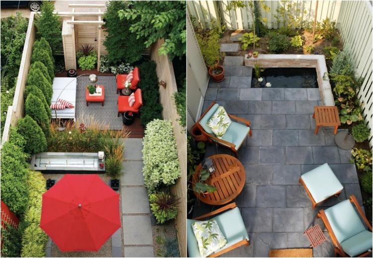 Gartengestaltung für kleine Gärten -hinterhof-terrasse-teich-moebel