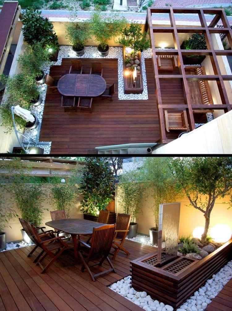 gartengestaltung-kleine-garten-terrasse-zierkies-holz-bodenbelag-brunnen-bambuspflanzen