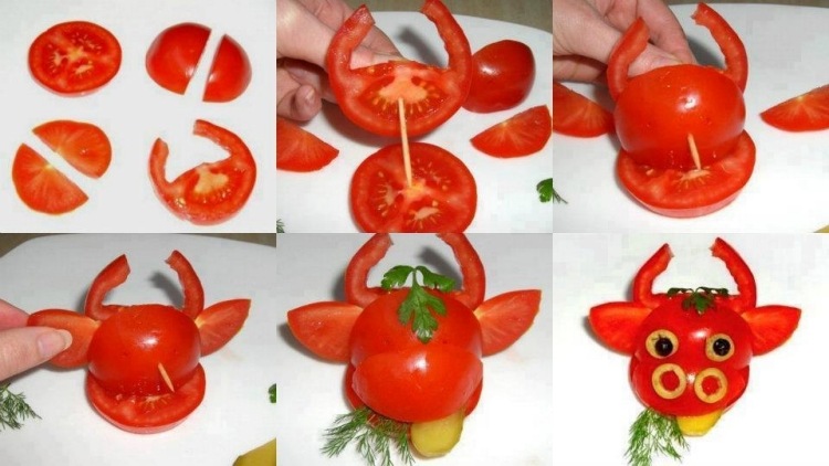 Gemüse für Kindergeburtstag -kuh-tomaten-gruene-oliven