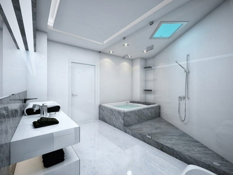 grau badezimmer einrichtung marmor badewanne offenes duschen design
