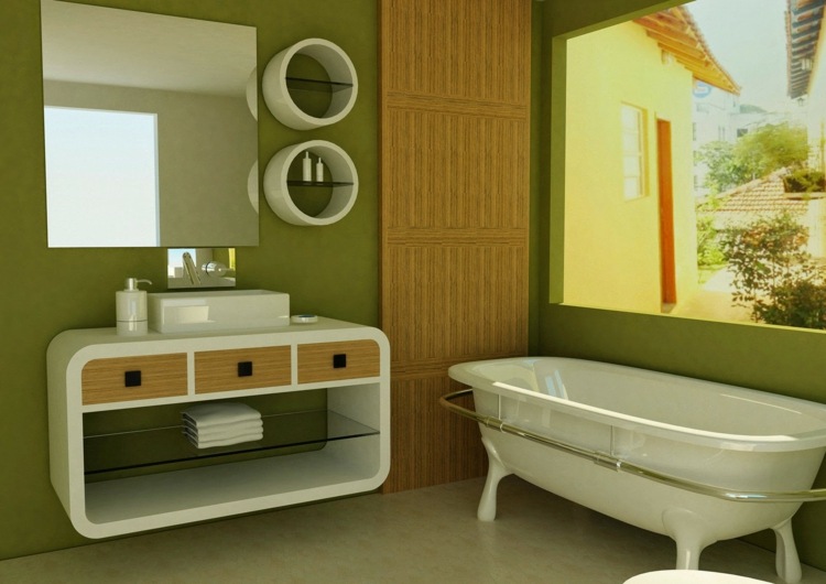 gruen badezimmer stil retro badewanne spiegel