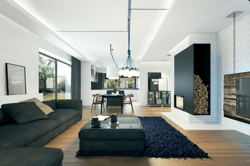 Indirekte Beleuchtung LED -wohnzimmer-abgehangte-decke-schwarz-weiss-holzboden