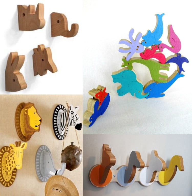 individuelle- Kindergarderobe aus Holz puzzle-tiere-bunt-naturfarbe